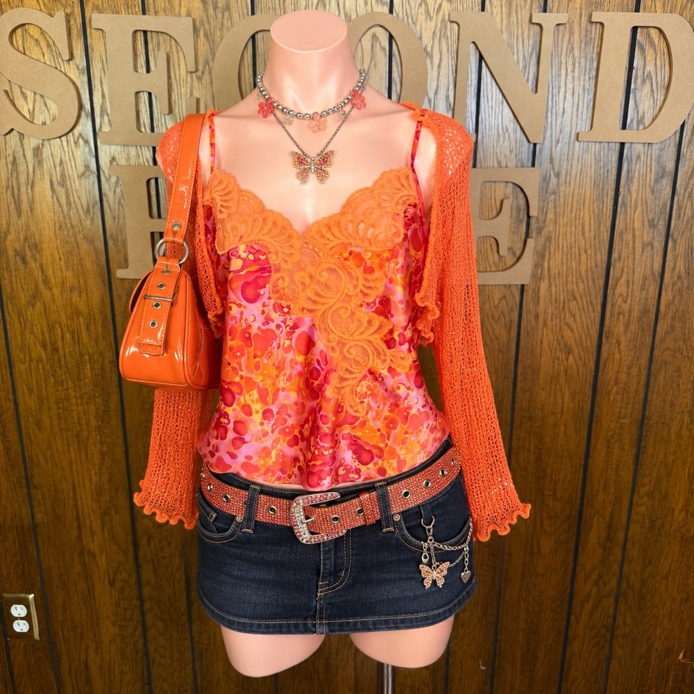 Y2K Orange Lace Trim Satin Cami Valerie Stevens Womens L Retro Mcbling Fairycore